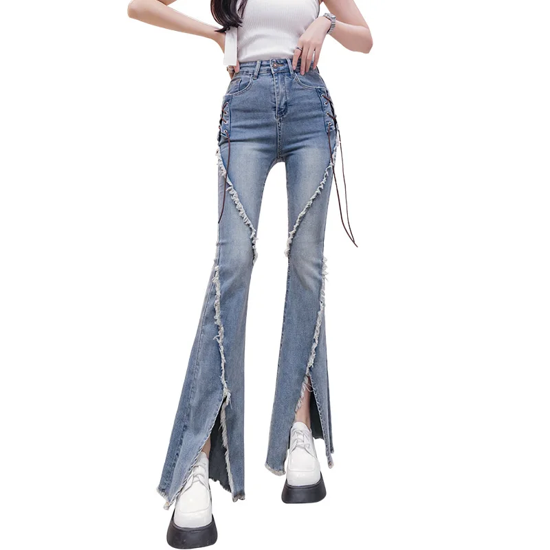 

Flared Jeans Women's High Waist Slit Pants Retro Mopping Hips High Street Trendy Trousers Slit Frayed Lace-up Jeans