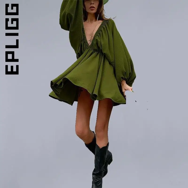 

Epligg Women Fashion Dress Low Cut Green Pleated V-Neck High Waist Dresses Harajuku Streetwear Soft Popular Clothing Vestidos