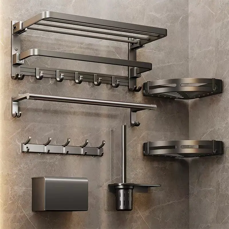 

Набор оборудования для ванной комнаты ECHOME, серый стеллаж для полотенец без перфорации, стеллаж для хранения в ванной комнате, роскошная алюминиевая фурнитура, подвеска для ванной комнаты