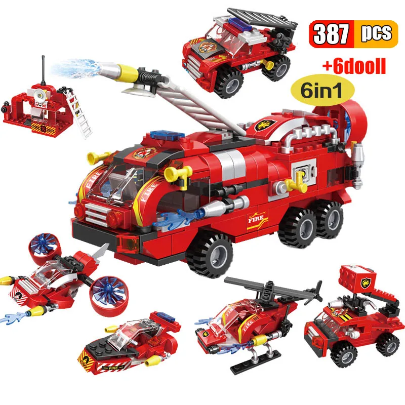 

387Pcs 6 in 1Police Fire Fighting Trucks Model Building Blocks Rescue Airplane Boat City Firefighter Firemen Figures Bricks Toys
