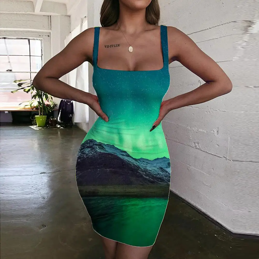 

SOMEPET Aurora Dress Women Northern Lights Bodycon Dress Lake 3d Print Grassland Ladies Dresses Snow Vestido Sexy