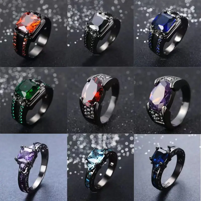 

European and American Mirror Egg-shaped Red Gemstone Ring Female Copper Plated Gun Black Vintage Diamond Ring Wholesale