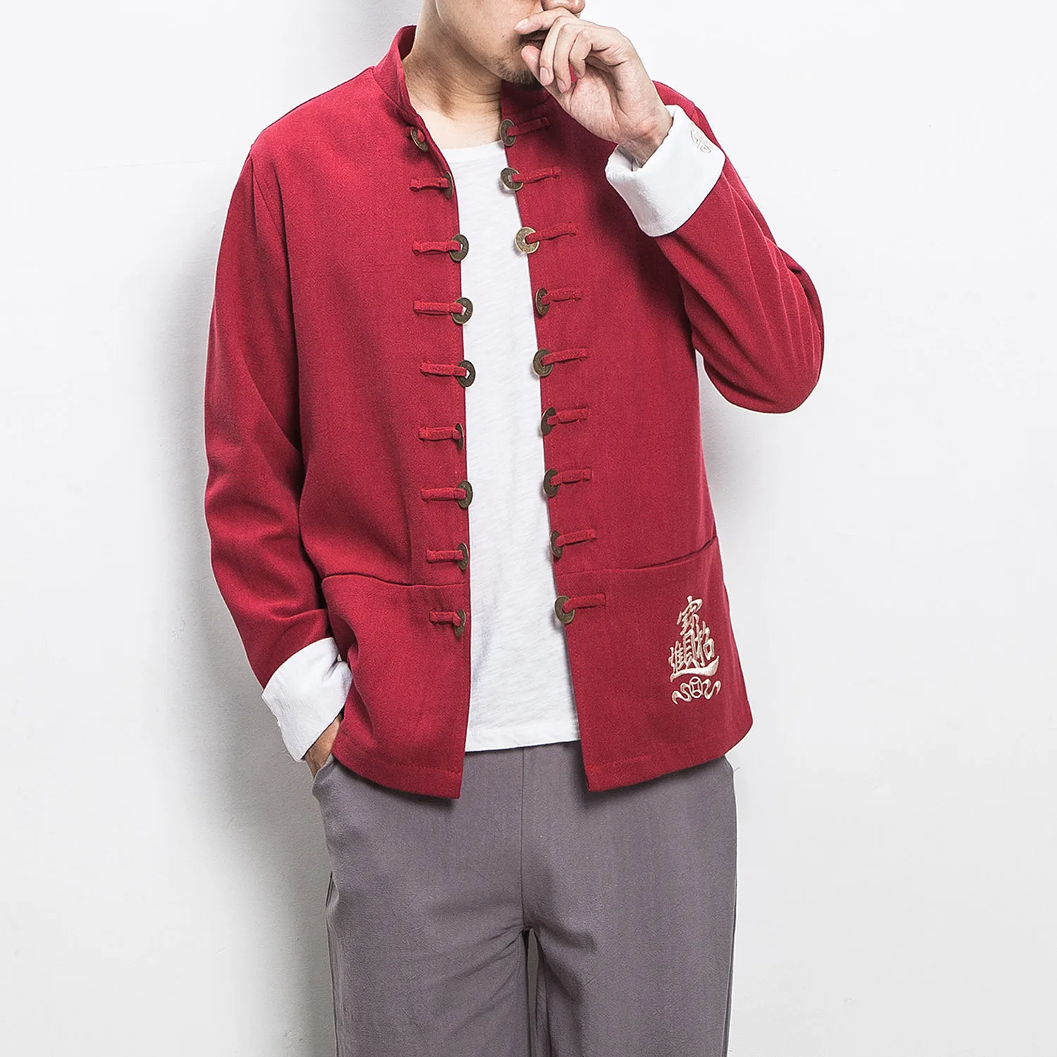 

Chinese Traditional Top Tang Suit Men's Contrast Color Cheongsam Embroidered Long-sleeved Kung Fu Tai Chi Hanfu Jacket Shirt