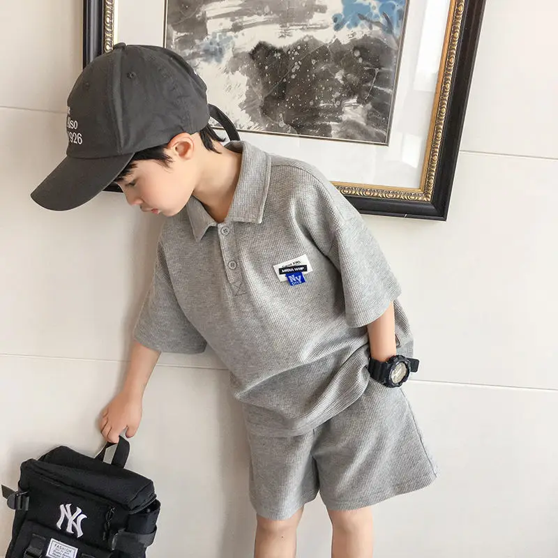 Boys Summer Suit 2022 New Casual All-Match Gray Children's Summer Short-Sleeved T-shirt Boy Two-Piece Suit