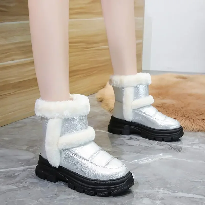 

Женские ботильоны на платформе, теплые ботинки с круглым носком, без застежки, на устойчивом каблуке, обувь для снега, 2023