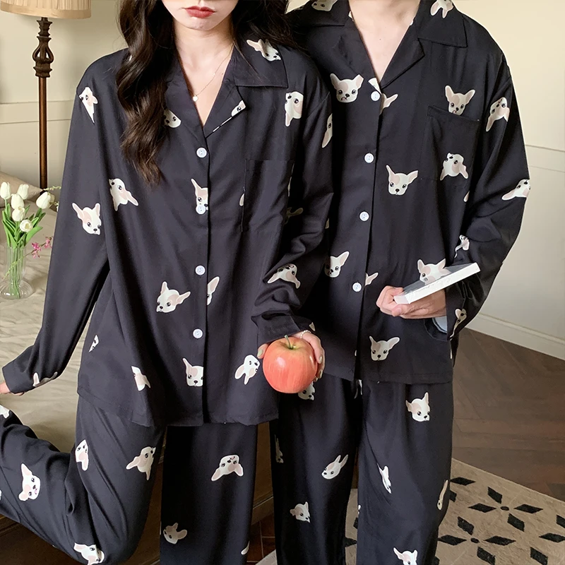 CAIYIER 2022 Korean Couple Pajamas Set Cartoon Stripe Dog Sleepwear For Men & Women Nightwear Autumn Winter Lovers Loungewear