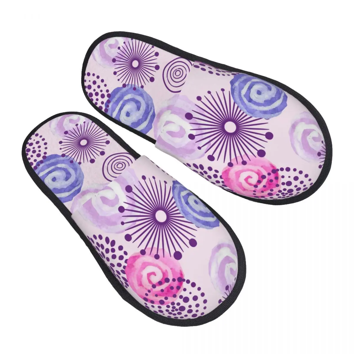 

Зимние тапочки для женщин и мужчин, пушистые теплые тапочки, сиреневые и розовые домашние тапочки со спиральными кругами и абстрактными цветами, обувь