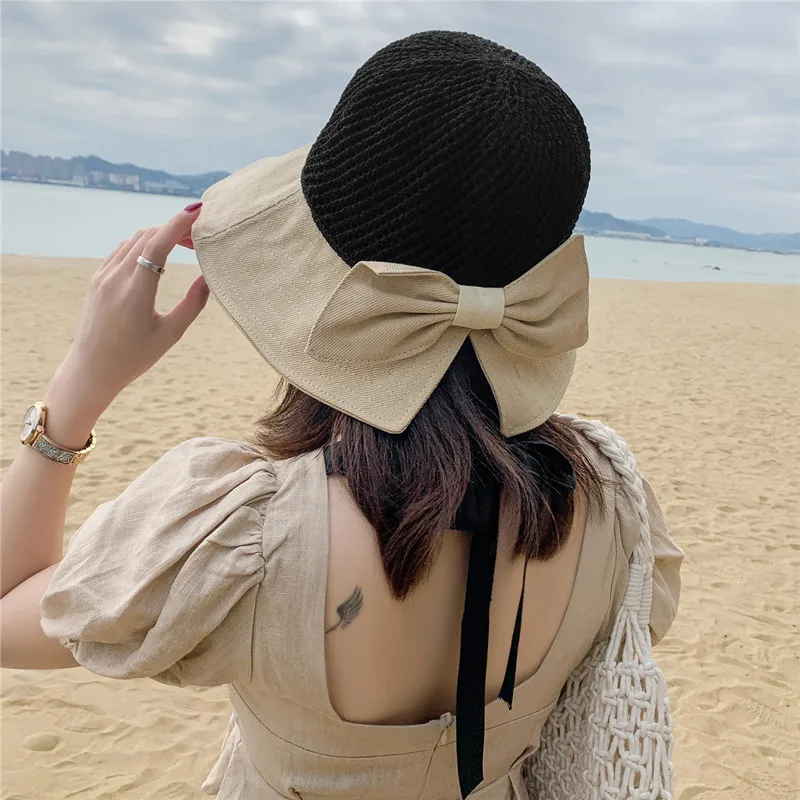 

Шляпа Женская сетчатая с бантом, воздухопроницаемая Панама от солнца, с полями, для пляжа, для путешествий, летняя