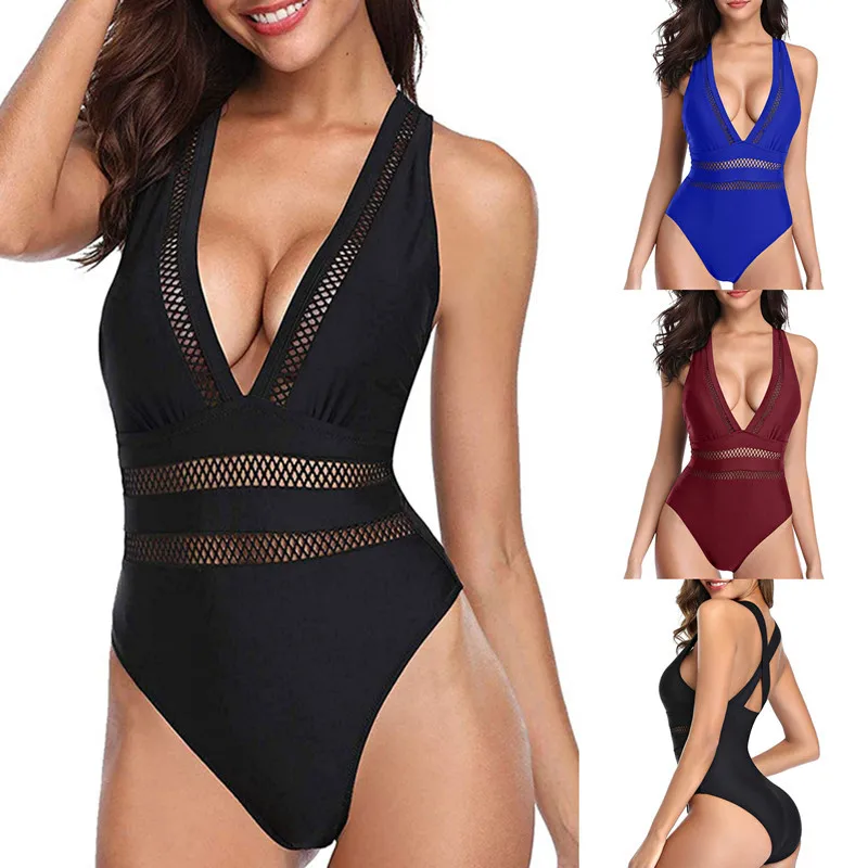 

One-piece Deep V-neck Swimsuit Women Sexy Lace Up Monokini Swimwear 2022 New Girl Beach Bathing Swimming Suit XL