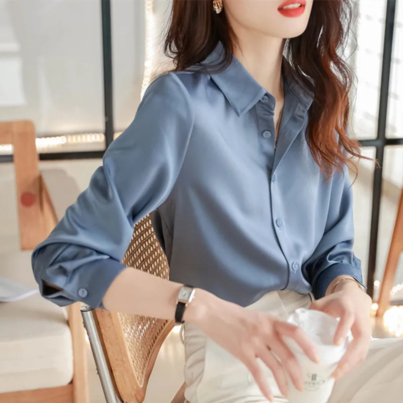 

New Elegant Satin Shirts Blouses Women Long Sleeve Tops Casual Ladies Blusas Mujer Single-breasted Chiffon Shirts Female Q5613