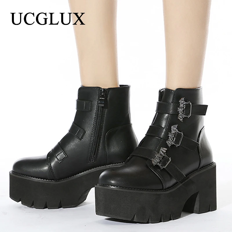 

Женские ботильоны больших размеров, однотонные ботинки в стиле панк на платформе, мотоциклетные женские ботинки с круглым носком, готическая обувь на высоком каблуке, Botas Mujer
