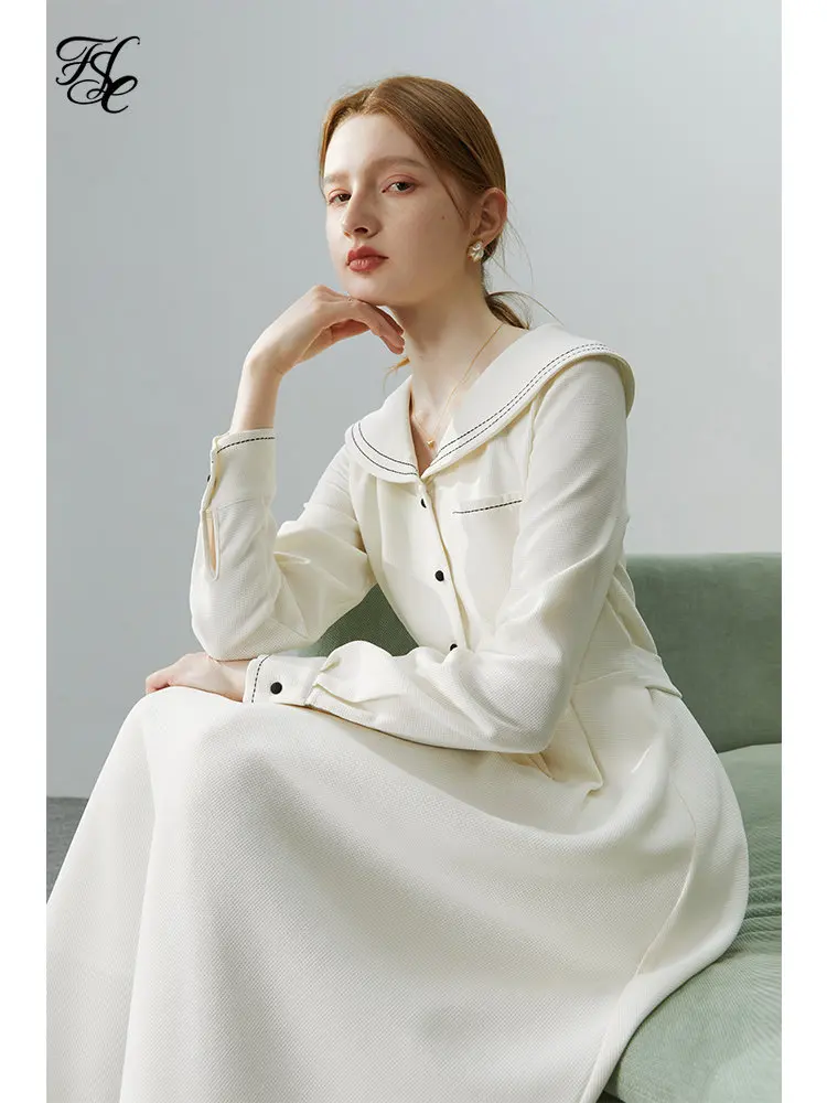

FSLE Navy Collar White Long-sleeved Women Dress 2022 New Autumn Age-reducing Waist Thin Elegant Vintage Female Long Dress