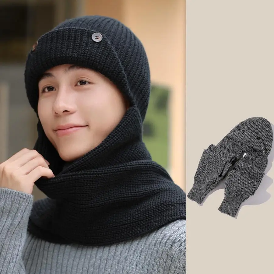 Зимняя шапка с шалью Skullies Beanies для мужчин и женщин вязаная уплотненная Балаклава