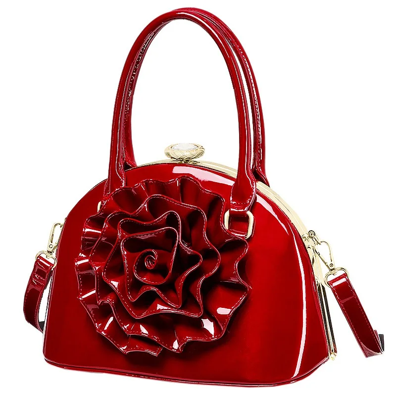 Women New Fashion Patent Leather Big Flowers Shell Bag Tote Bag  Handbags Shoulder Crossbody Bag Party Club Bag Diamond Buckle