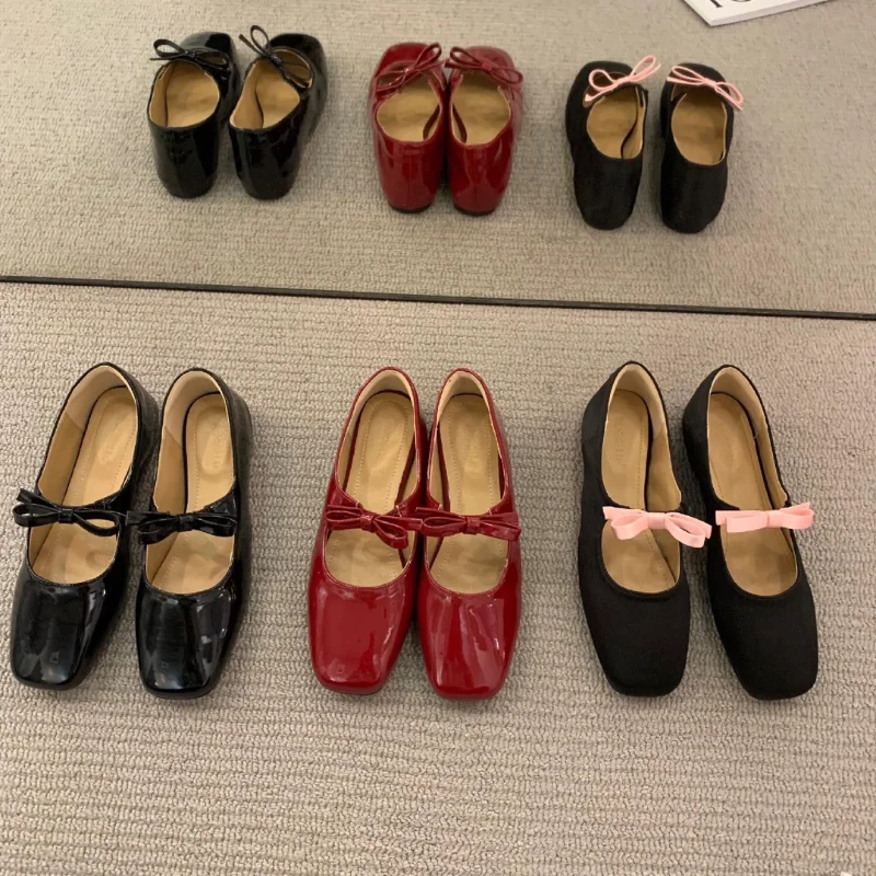 Ballet Falts Shoes for Women Bow Tie Elegant Women's Loafers Shoes with Low Heels Black Leather Mary Janes Desinger Shoes Ladies