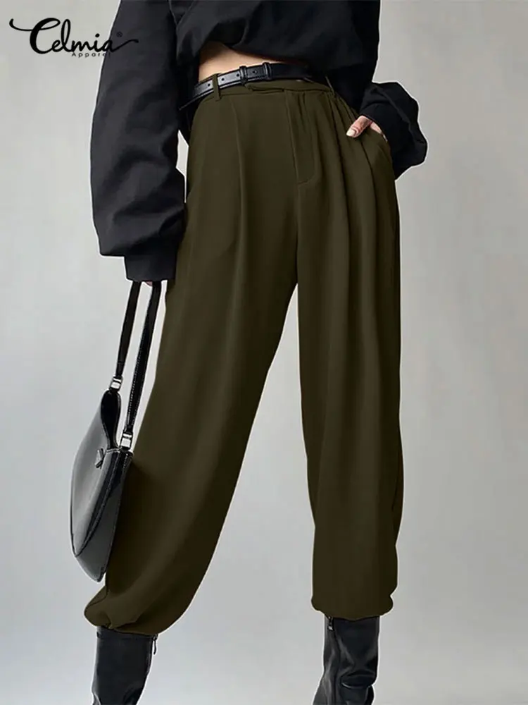 

Celmia Spring Autumn Zipper Long Trousers Elegant Women Office Lady Pleated Pantalon Casual High Waist Fashion Straight Pants