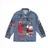 womens spring and autumn new hot selling street ins net red with the same character stitching print graffiti denim jacket