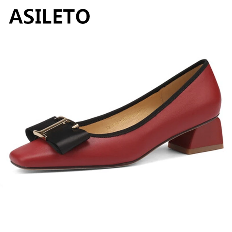 

ASILETO Women Pumps Square Toe Mid Heels Bowtie Genuine Leather Metal Decoration Plus Size 33-40 Mix Color Beige Spring S3228
