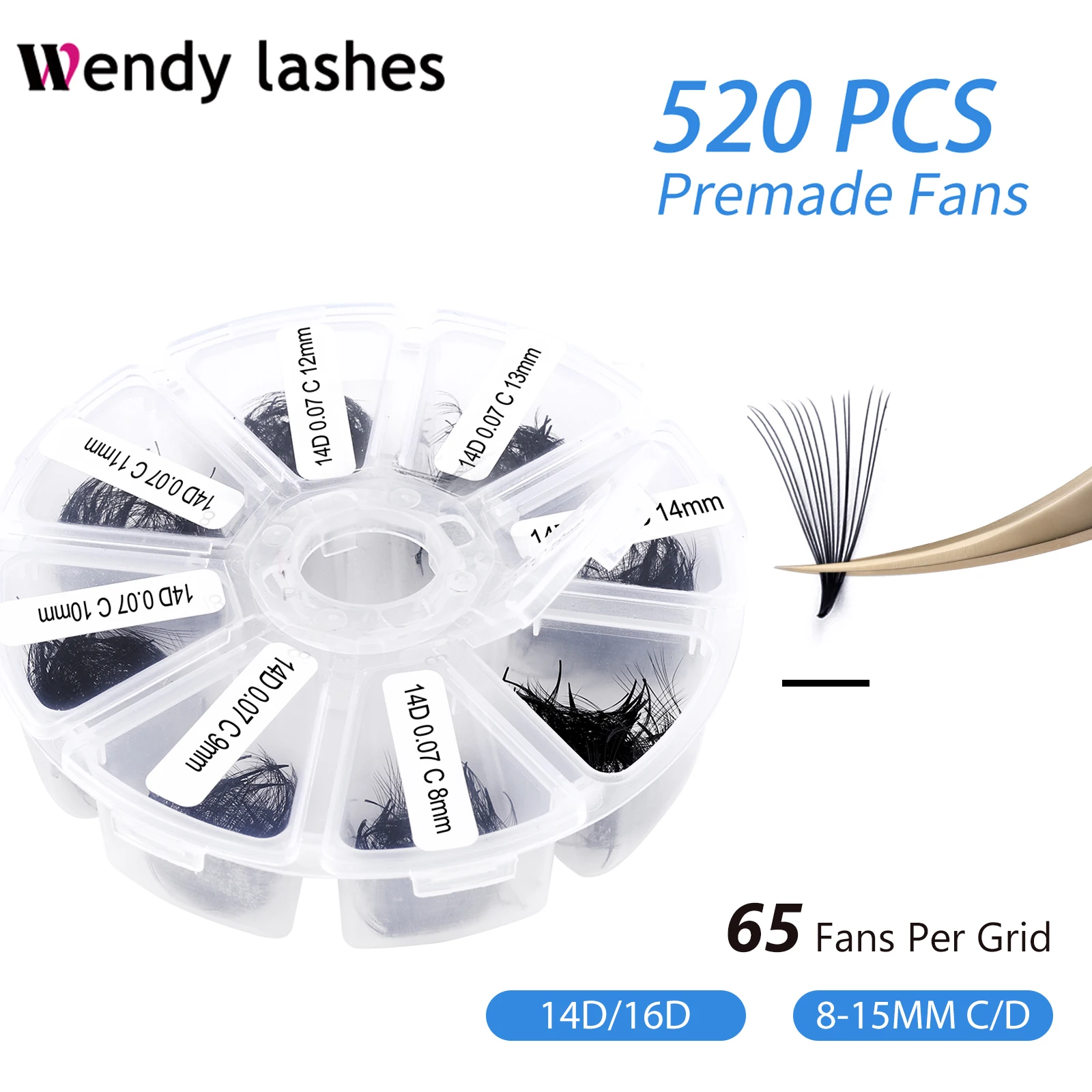

Wendy Lashes Premade Volume Fan Eyelash Extension Mixed Length Sharp Pointy Stem Premade Lashe Extensions Thin Root 520 Cluster
