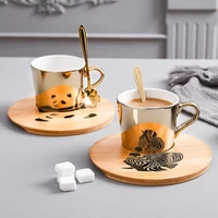 specular reflection cup ceramic cartoon animal mug with upgraded high end wooden plate coffee cup and saucer set
