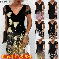 plus size 4xl 5xlcasual summer dress for women with lace short sleeve wave v neck mini dress woman black party dress female 2022