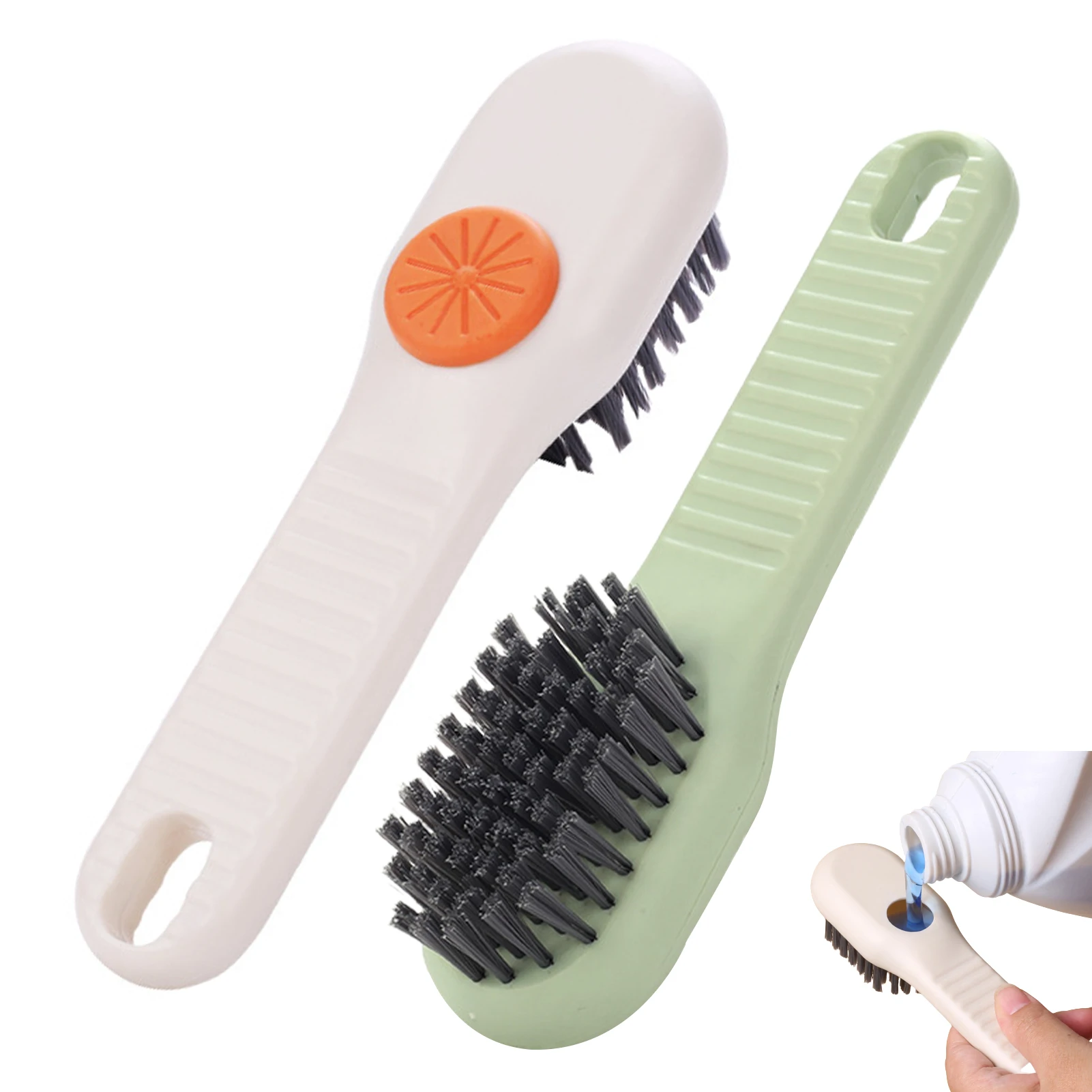 

2pcs Kitchen Bathroom Shoe Brush Soft Bristle Household Cleaning Tool Long Handle Liquid Adding With Soap Dispenser Durable