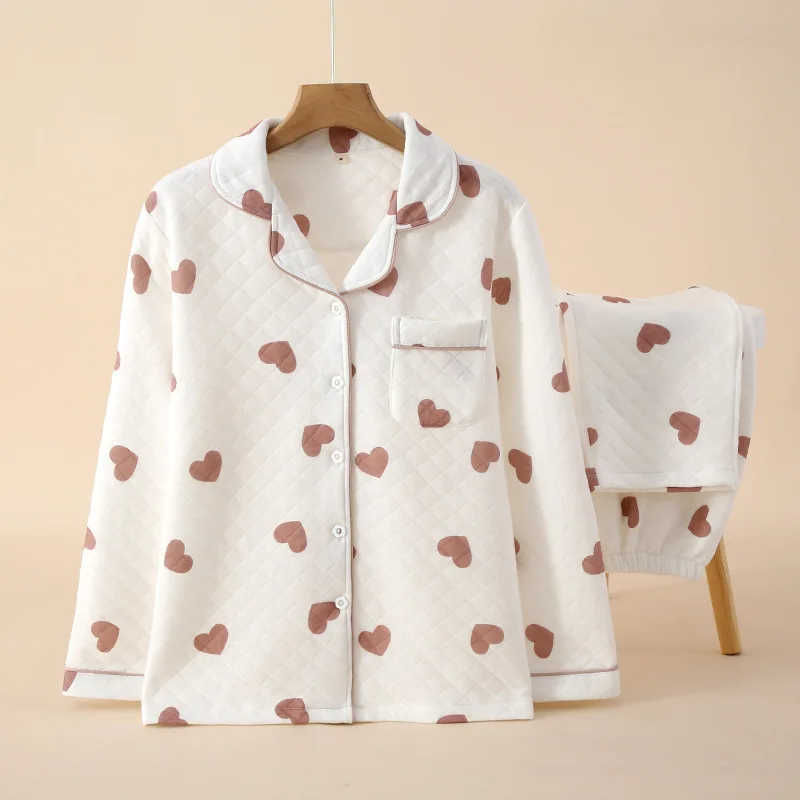 New Autumn Winter Pajamas Set Air Cotton Clip Women Nightwear Warm Home Suit Casual Long Sleeve Pant Female Love Print Sleepwear