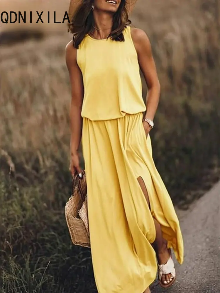 

Chic and Elegant Woman Dress Spring Summer New Women's Joint Round Neck Sleeveless Dresses Slit Casual Long Pattern Sexy Dress