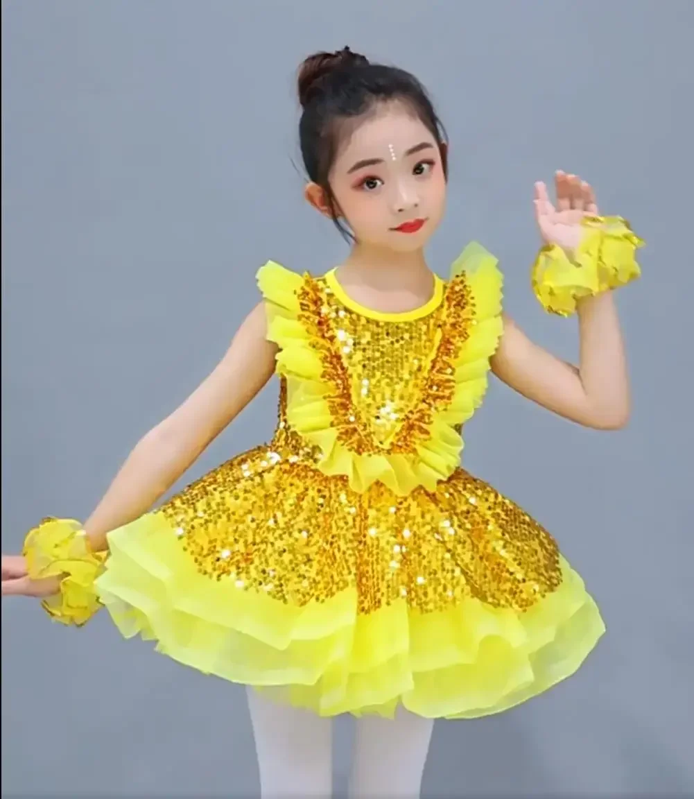 Золотая детская одежда для бальных танцев платье современных джазовых с