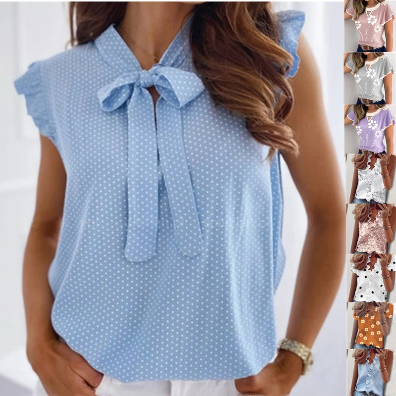 

Summer Butterfly Short Sleeve Shirt Elegant Polka Dot Bandage Women Shirts Blouse 2022 Casual Female Ruffle Pullover Tops Blusa
