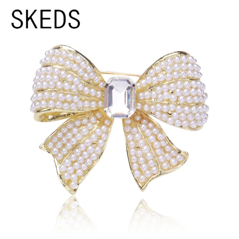 

SKEDS Women Girls Exquisite Bowknot Rhinestone Full Pearl Brooches Pins Luxury Exquisite Decoration Party Corsage For Lady