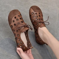 new comfortable leather handmade shoes flat heeled soft soled shoes female wind tunnel hollow sandals women casual flats shoes