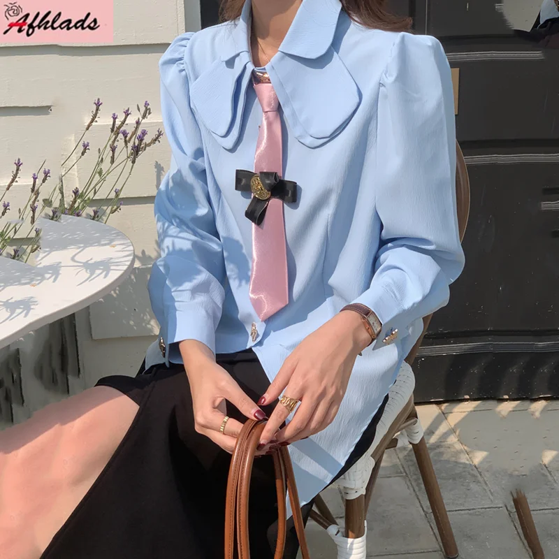 

Рубашка женская с длинным рукавом и воротником «Питер Пэн», однотонная офисная однобортная блузка с мультяшным принтом, весна-осень