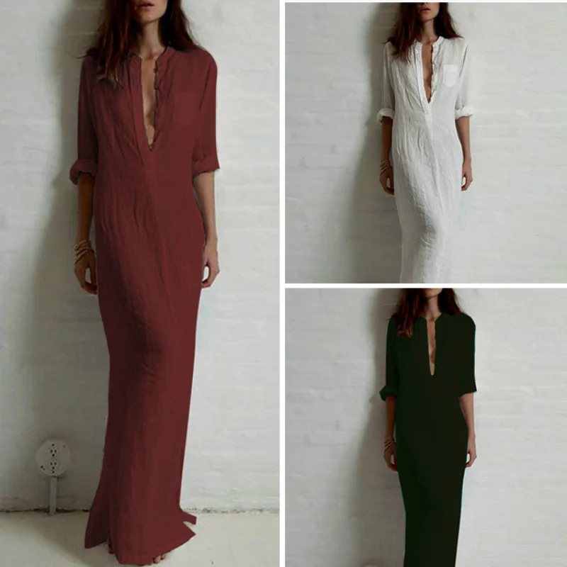 

2022 Summer Dress Women Boho Solid Rolled Long Sleeve Button Shirt Sundress Elegant Loose Maxi Long Dress Plus Size