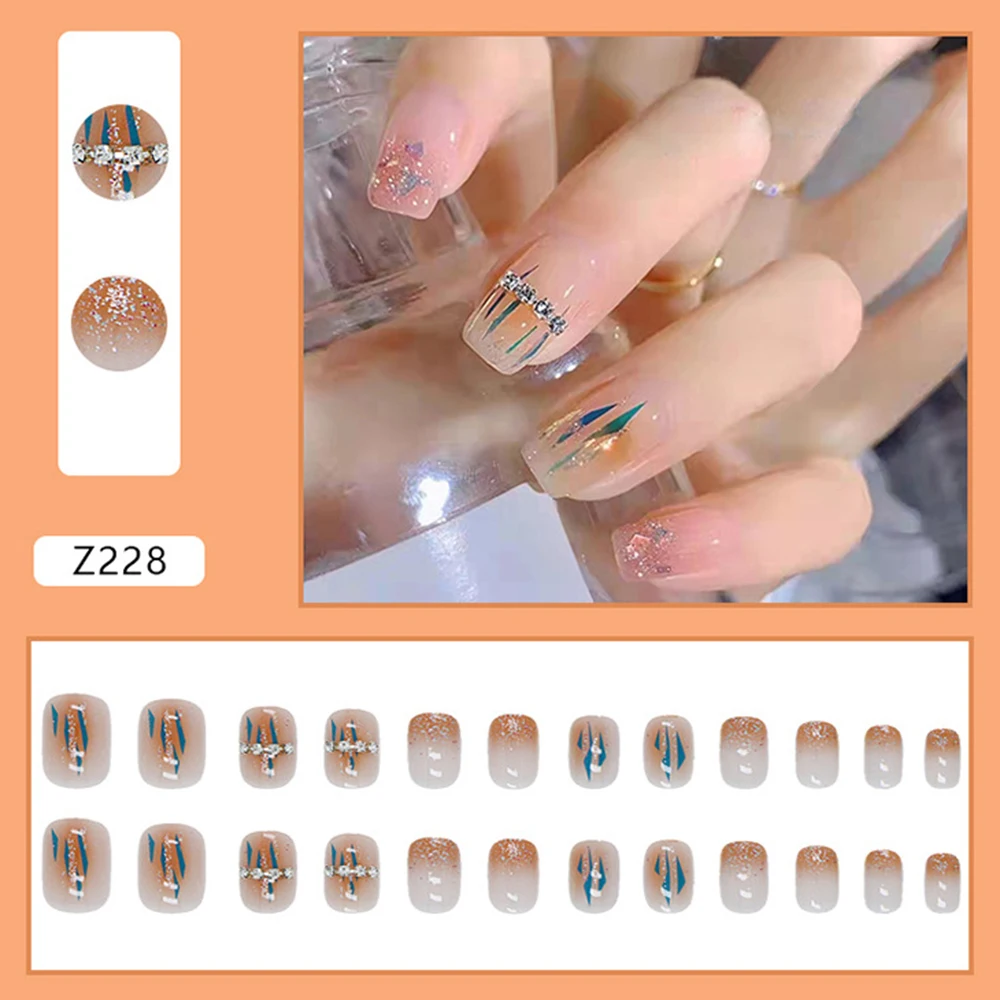 

24pcs Short Press On Nails Rhinestones Design Fake Nail Full Coverage Nail Artificial Nails Sweet Style Nail Tools False Nails