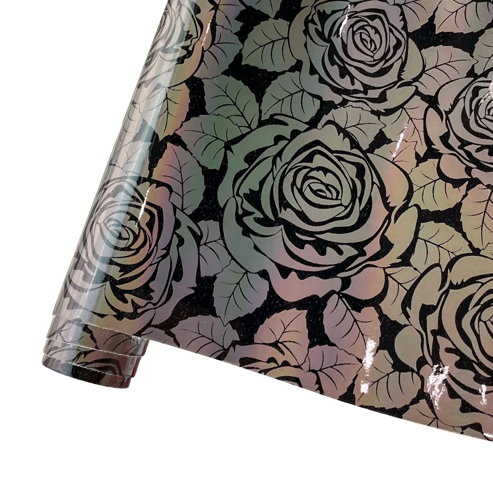 

46*135cm Holographic Rose Printed Faux Leather Sheets Bag Material PU Mirror Fabrics for Sewing DIY Making Shoe Upper/Handcraft