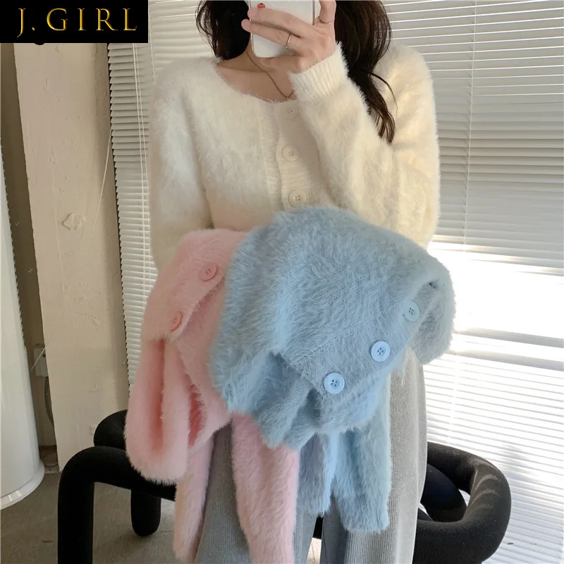 

Women Solid Knitted Cardigans Soft Fluffy Spring Autumn Kawaii Chic Sweaters Korean Style All Match Elegant Tender New Fashion