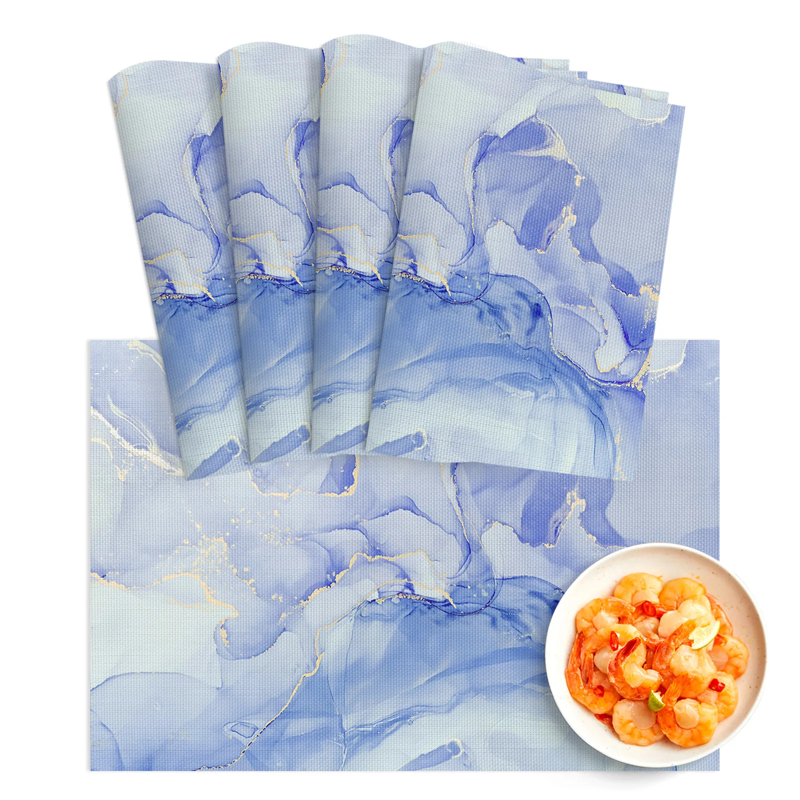 

4/6pcs Placemat Marble Texture Gradient Blue Restaurant Kitchen Accessories PVC Durable Dining Table Mats Disc Bowl Coaster Pad