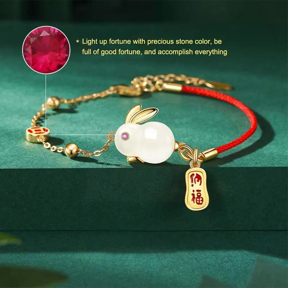 

Новинка 2023, браслет в китайском стиле с нефритовым Кроликом, свежий литературный модный браслет в подарок, новогодний кролик, отправка, день...