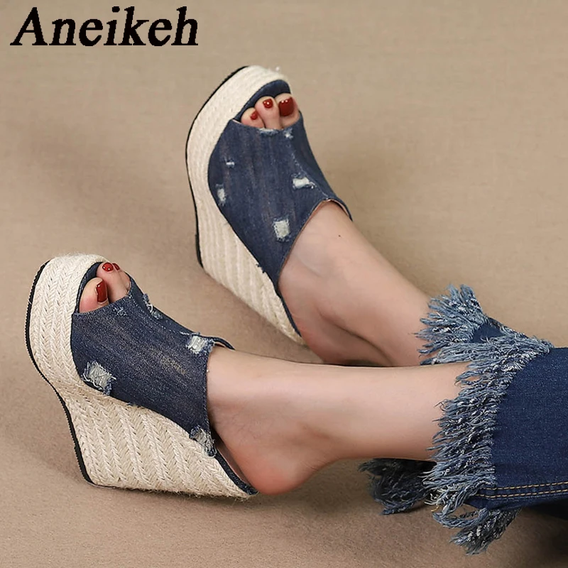 

Aneikeh Women Summer Platform Peep Toe Braid Anti Slip Wedges Slippers 2024 Fashion Trend Denim Hole Sandals Street Style Mules