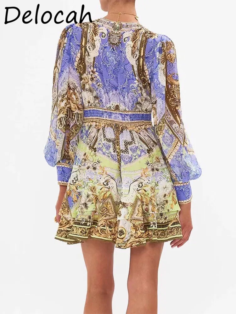 Богемное модное однобортное платье-мини Delocah с рукавами-фонариками и V-образным