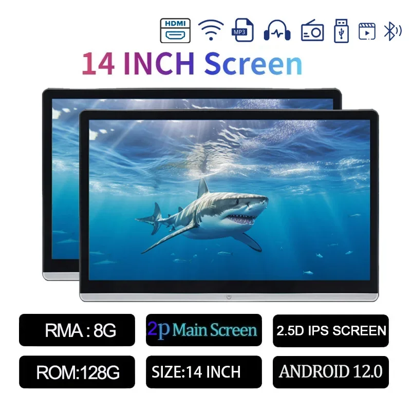

13,3/14 "монитор на подголовнике автомобиля, IPS Android 12, 2G + 32G/4G + 64G/8G + 128G, сенсорный экран для автомобиля, плеер на заднее сиденье, двойной HDMI, музыка