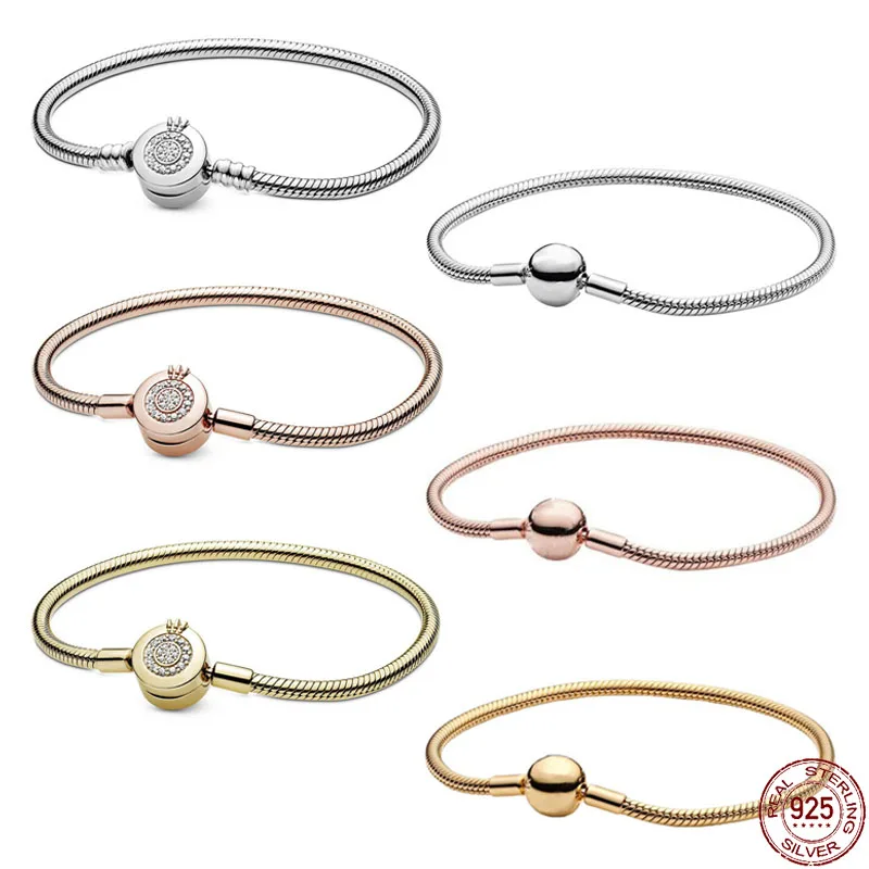 

Round Buckle Bracelet 925 Sterling Silver Crown Snake Bone Chain Bracelet Fashion Bracelet fit Original Pandora Charm Beads DIY