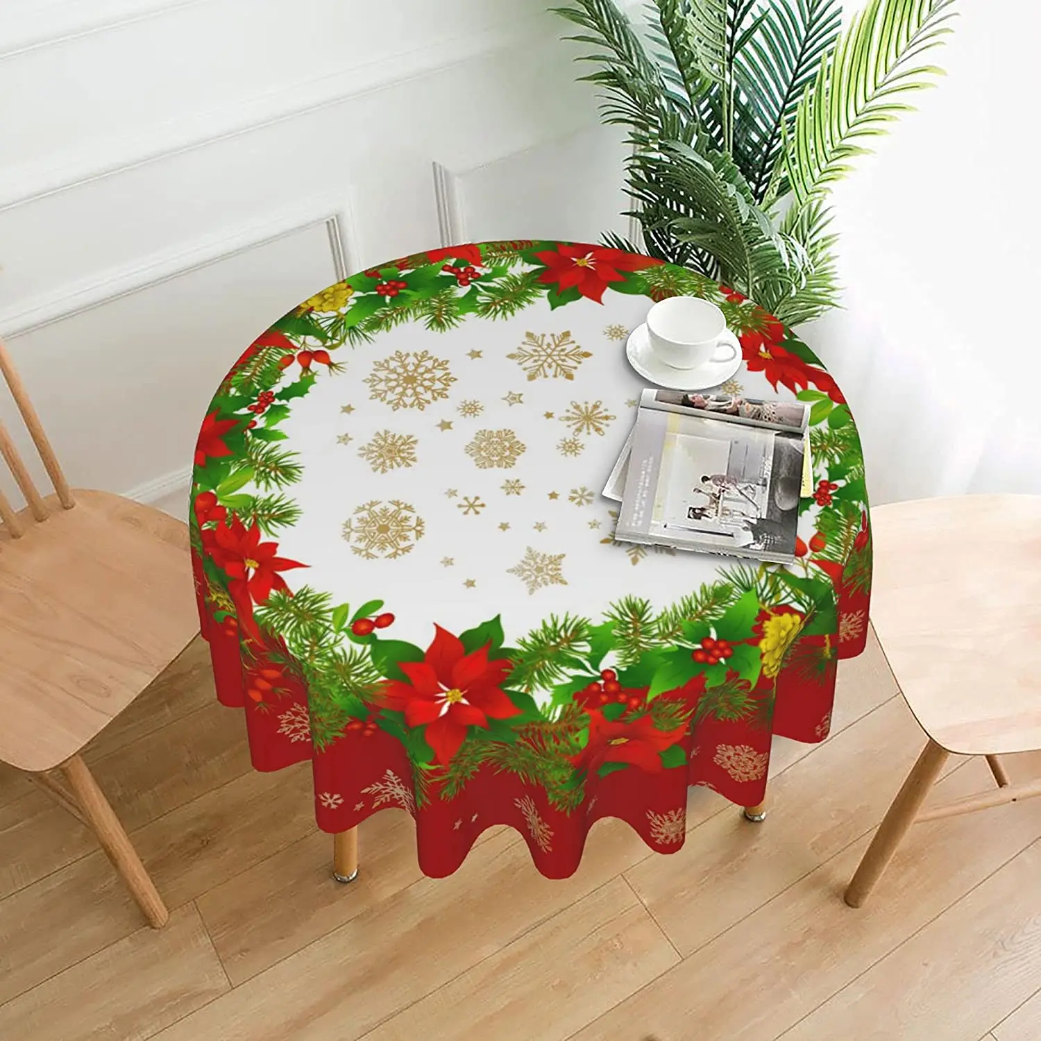 Красная новогодняя скатерть со снежинками и цветущими рождественскими звездами, круглая, диаметром 60 дюймов.