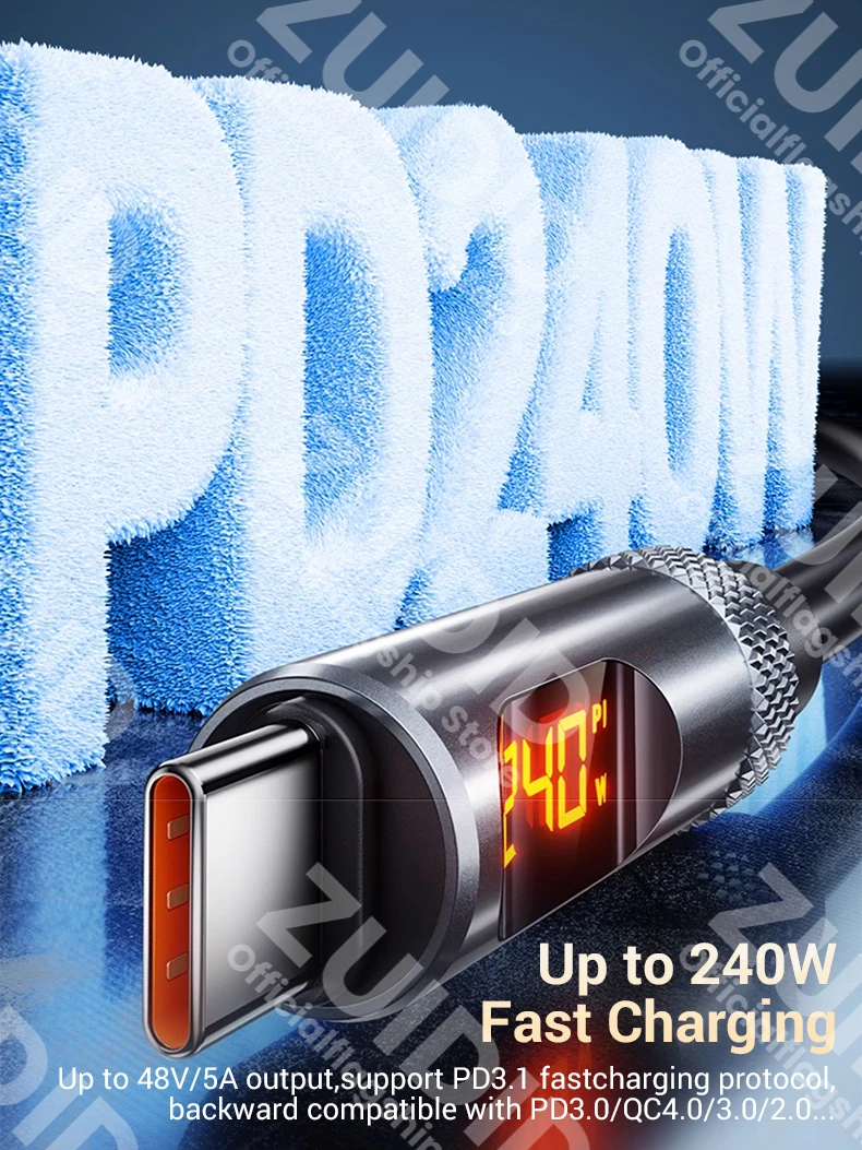 Фото Светодиодный дисплей PD240W Кабель USB C — USB C для iPhone 15 16 Pro 5A Шнур для быстрой зарядки данных типа C для MacBook Pro Xiaomi Samsung 2M №2