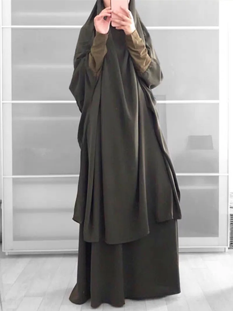 Hooded Abaya Muslim 2 Pieces Set Woman Dress Islam Prayer Dresses Full Cover Ramadan Gown Islamic Clothes Garment Hijab Dress