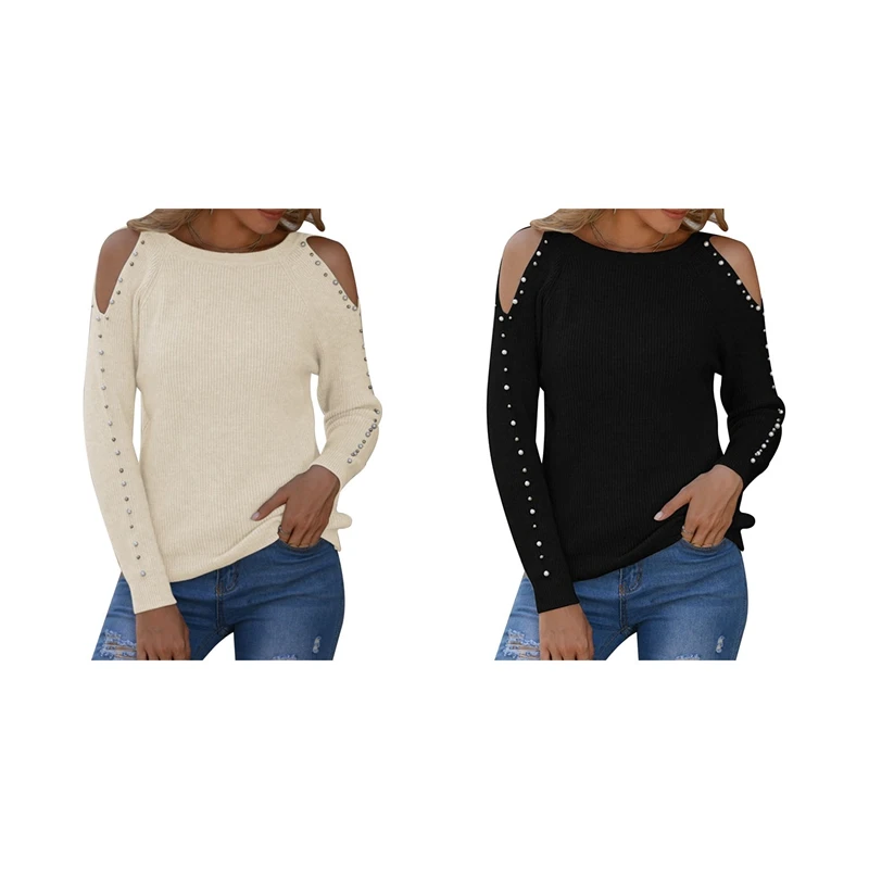 

Женский свитер с жемчужинами и бусинами, Зимний Рождественский вязаный теплый джемпер, топы, свитера, пуловеры, белые, L и черные, 2 шт.