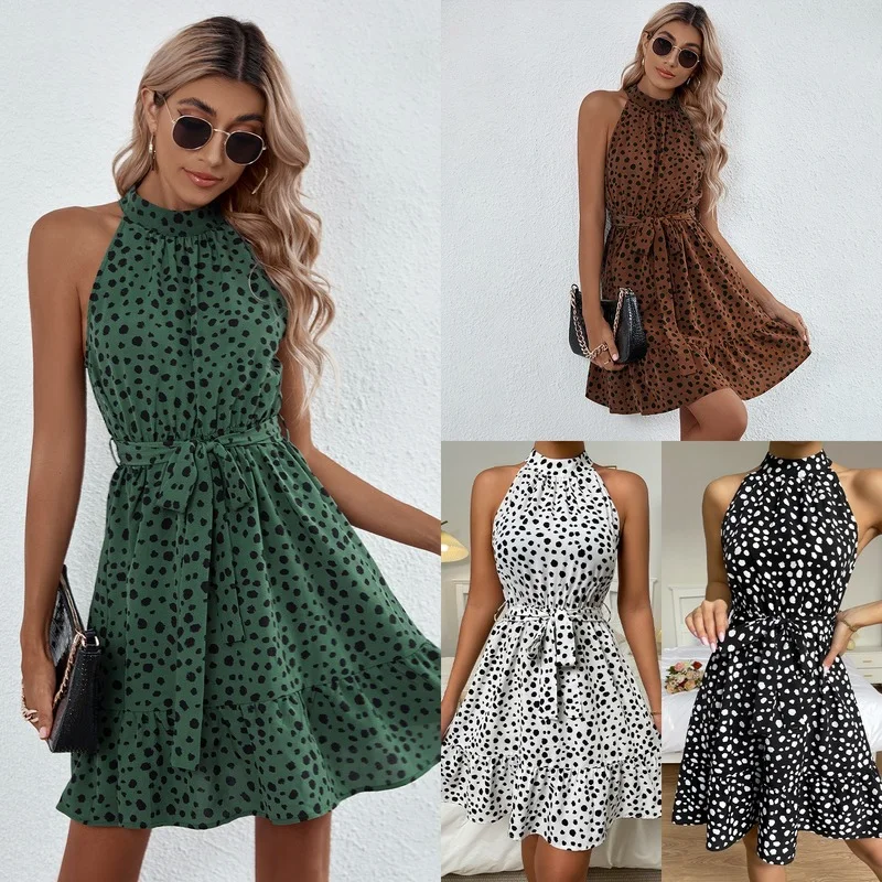 

Polka Dots Printing Halterneck Summer Dresses Woman 2022 Fashion Advanced Loose Evening Dresses Lace Commute Dress for Women