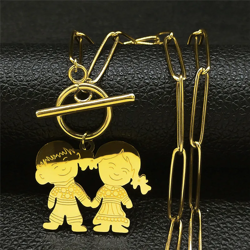 

Fashion Family Boy Girl Stainless Steel Pendant Necklace for Women Gold Color Necklaces Jewelry collier couple N519S07