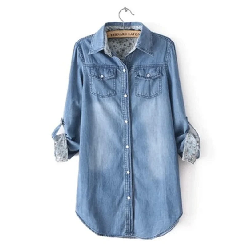 

New Spring Autumn Jeans Shirt Women's Long Korean Long Sleeve Single-Breasted Loose Slim Literary Bottoming Denim Shirt Blouse